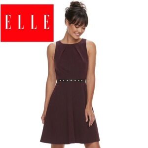 Elle Pleat Neck Fit and Flare Dress in Wine NWT